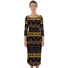 Native American Ornaments Watercolor Pattern Black Gold Quarter Sleeve Midi Bodycon Dress by EDDArt