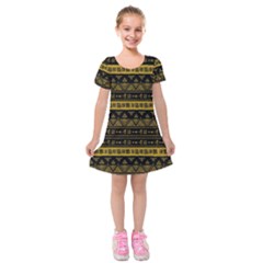 Native American Ornaments Watercolor Pattern Black Gold Kids  Short Sleeve Velvet Dress by EDDArt