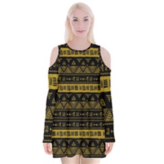 Native American Ornaments Watercolor Pattern Black Gold Velvet Long Sleeve Shoulder Cutout Dress