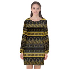 Native American Ornaments Watercolor Pattern Black Gold Long Sleeve Chiffon Shift Dress  by EDDArt