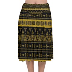 Native American Ornaments Watercolor Pattern Black Gold Velvet Flared Midi Skirt by EDDArt