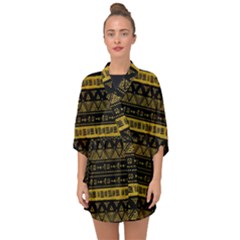 Native American Ornaments Watercolor Pattern Black Gold Half Sleeve Chiffon Kimono by EDDArt