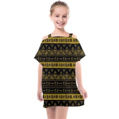 Native American Ornaments Watercolor Pattern Black Gold Kids  One Piece Chiffon Dress