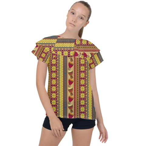 Traditional Africa Border Wallpaper Pattern Colored 4 Ruffle Collar Chiffon Blouse by EDDArt