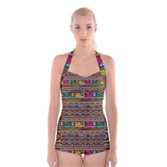 Traditional Africa Border Wallpaper Pattern Colored Boyleg Halter Swimsuit  by EDDArt