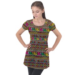 Traditional Africa Border Wallpaper Pattern Colored Puff Sleeve Tunic Top by EDDArt