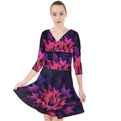 Floral Pink Fractal Painting Quarter Sleeve Front Wrap Dress by Pakrebo