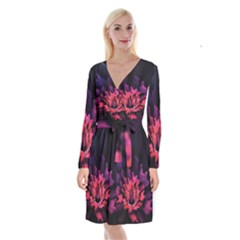 Floral Pink Fractal Painting Long Sleeve Velvet Front Wrap Dress by Pakrebo