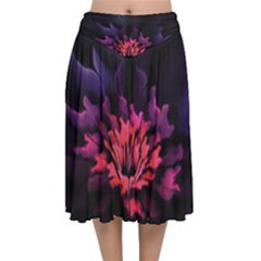 Floral Pink Fractal Painting Velvet Flared Midi Skirt by Pakrebo