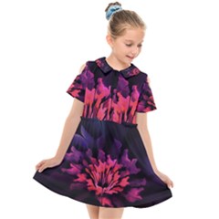 Floral Pink Fractal Painting Kids  Short Sleeve Shirt Dress by Pakrebo