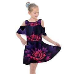 Floral Pink Fractal Painting Kids  Shoulder Cutout Chiffon Dress by Pakrebo