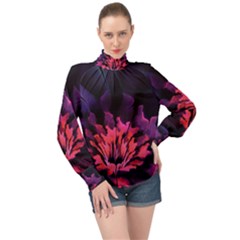 Floral Pink Fractal Painting High Neck Long Sleeve Chiffon Top