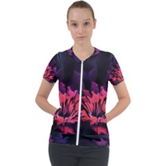 Floral Pink Fractal Painting Short Sleeve Zip Up Jacket