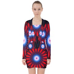 Red White Blue Burst Fractal V-neck Bodycon Long Sleeve Dress by Pakrebo