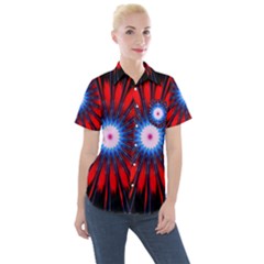 Red White Blue Burst Fractal Women s Short Sleeve Pocket Shirt