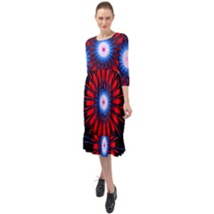 Red White Blue Burst Fractal Ruffle End Midi Chiffon Dress