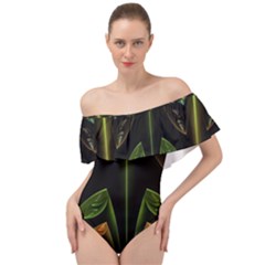 Fractal Texture Pattern Flame Off Shoulder Velour Bodysuit 