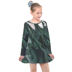 Green Marble Digital Abstract Kids  Long Sleeve Dress by Pakrebo