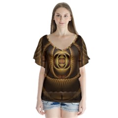 Fractal Copper Amber Abstract V-neck Flutter Sleeve Top by Pakrebo