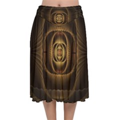 Fractal Copper Amber Abstract Velvet Flared Midi Skirt by Pakrebo