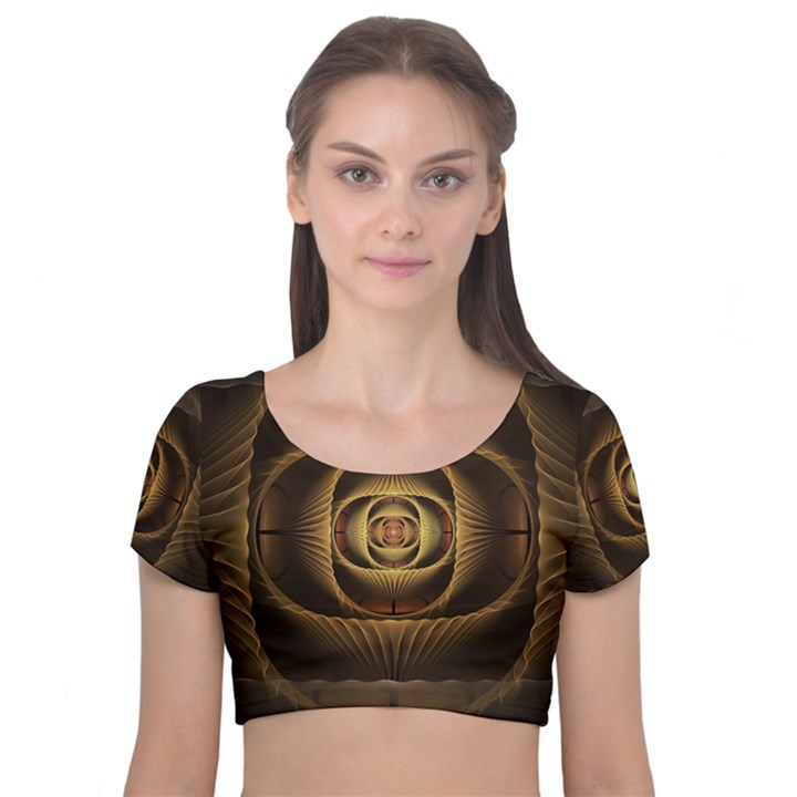 Fractal Copper Amber Abstract Velvet Short Sleeve Crop Top 