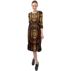 Fractal Copper Amber Abstract Ruffle End Midi Chiffon Dress