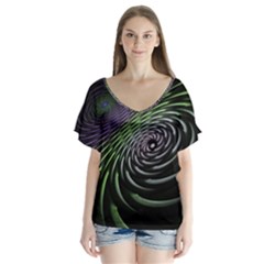 Fractal Fantasy Texture Purple V-neck Flutter Sleeve Top by Pakrebo