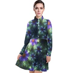 Fractal Painting Blue Floral Long Sleeve Chiffon Shirt Dress