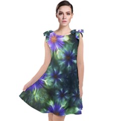 Fractal Painting Blue Floral Tie Up Tunic Dress by Pakrebo