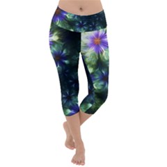 Fractal Painting Blue Floral Lightweight Velour Capri Yoga Leggings by Pakrebo