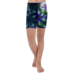 Fractal Painting Blue Floral Kids  Lightweight Velour Capri Yoga Leggings by Pakrebo