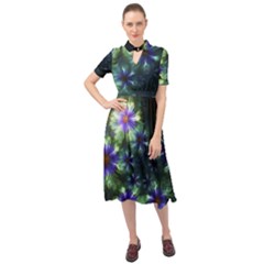 Fractal Painting Blue Floral Keyhole Neckline Chiffon Dress