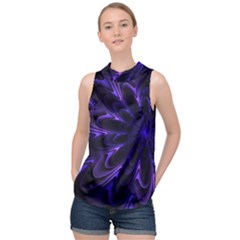 Fractal Blue Mandala Digital High Neck Satin Top by Pakrebo