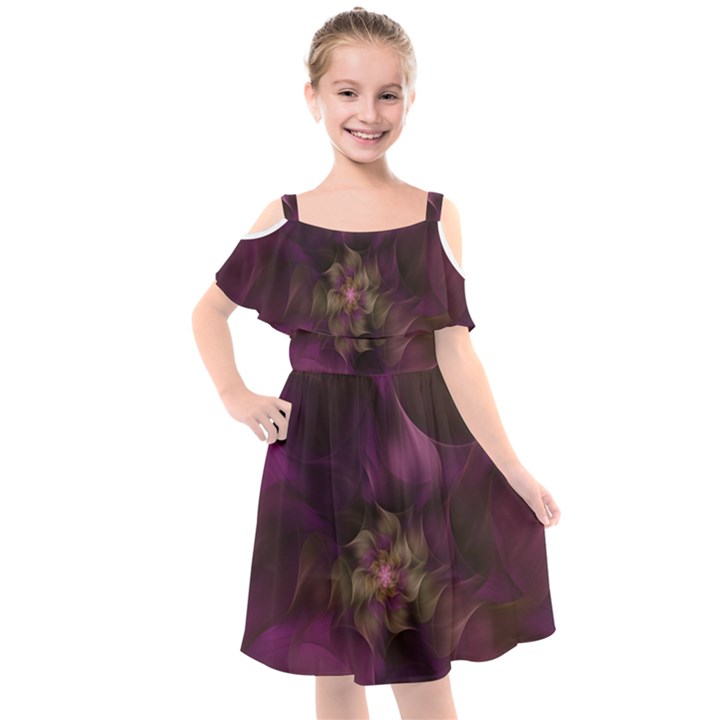 Fractal Pink Lavender Flower Bloom Kids  Cut Out Shoulders Chiffon Dress