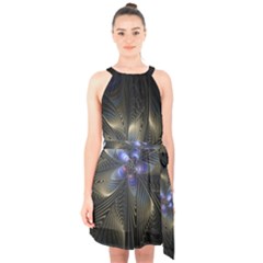 Fractal Blue Abstract Fractal Art Halter Collar Waist Tie Chiffon Dress by Pakrebo