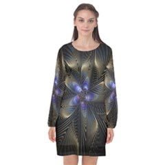 Fractal Blue Abstract Fractal Art Long Sleeve Chiffon Shift Dress  by Pakrebo