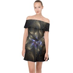 Fractal Blue Abstract Fractal Art Off Shoulder Chiffon Dress by Pakrebo