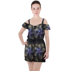 Fractal Blue Abstract Fractal Art Ruffle Cut Out Chiffon Playsuit by Pakrebo