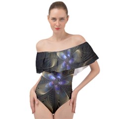 Fractal Blue Abstract Fractal Art Off Shoulder Velour Bodysuit 