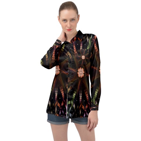 Fractal Colorful Pattern Texture Long Sleeve Satin Shirt by Pakrebo