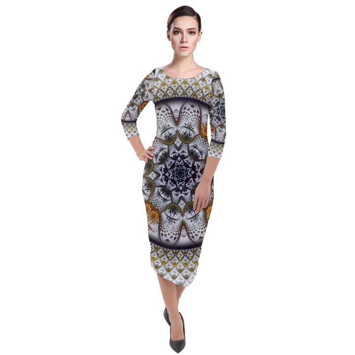 Medallion Fractal Digital Art Quarter Sleeve Midi Velour Bodycon Dress