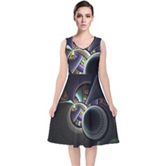 Fractal Fractal Art Multi Color V-neck Midi Sleeveless Dress  by Pakrebo