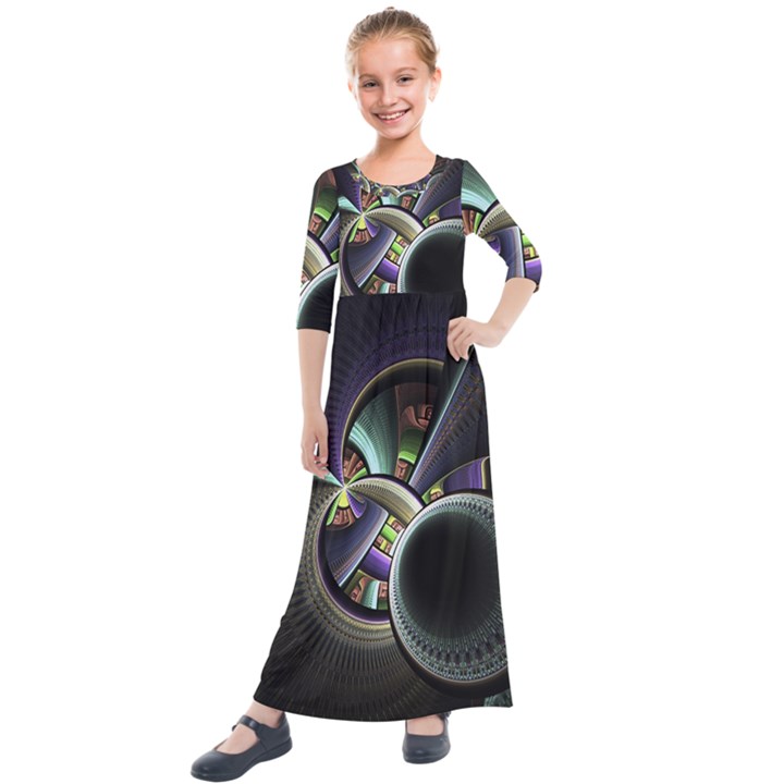 Fractal Fractal Art Multi Color Kids  Quarter Sleeve Maxi Dress