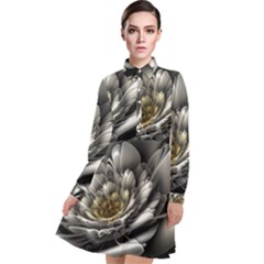 Fractal Silver Flower Bloom Floral Long Sleeve Chiffon Shirt Dress