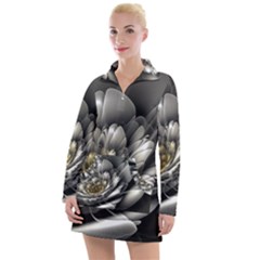 Fractal Silver Flower Bloom Floral Women s Long Sleeve Casual Dress