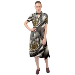 Fractal Silver Flower Bloom Floral Keyhole Neckline Chiffon Dress