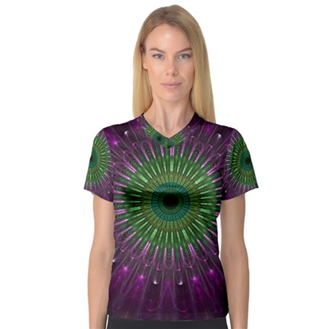 Purple Mandala Fractal Glass V-neck Sport Mesh Tee by Pakrebo