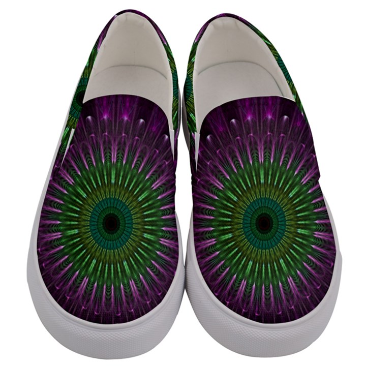 Purple Mandala Fractal Glass Men s Canvas Slip Ons