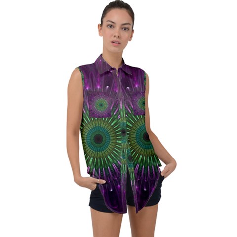 Purple Mandala Fractal Glass Sleeveless Chiffon Button Shirt by Pakrebo