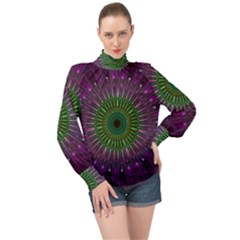 Purple Mandala Fractal Glass High Neck Long Sleeve Chiffon Top